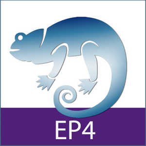 Das Bild zeigt eine blaue Chamäleonsilhouette mit der Beschriftung "EP4" darunter.