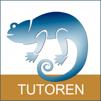 Illustration eines blauen Chamäleons auf braunem Hintergrund mit dem Wort "TUTOREN" darunter.
