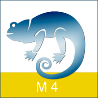 Ein blau verlaufendes Chamäleon auf weißem Hintergrund oberhalb eines gelben Streifens mit der Aufschrift „M 4“.
