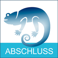 Ein blaues Chamäleon-Symbol mit dem Wort "ABSCHLUSS" darunter.