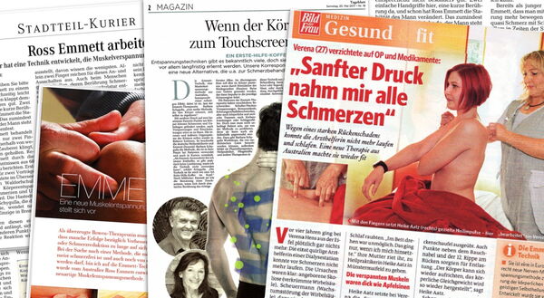 Zeitungsartikel über Ross Emmett und seine Entspannungstechnik zur Schmerzlinderung mit sanftem Druck.