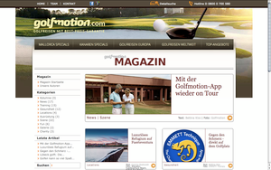 Website für Golfreisen mit Magazin, Kategorien wie News, Gesundheit, Locations, und Infos zur Golfmotion-App.