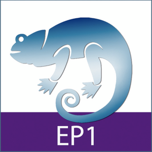 Ein blauer Chamäleon-Umriss mit Text "EP1" darunter.