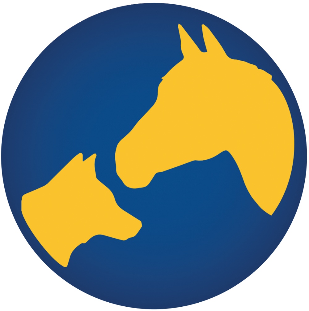 Ein blaues Logo mit gelben Silhouetten eines Hundes und eines Pferdes, die sich gegenüberstehen.
