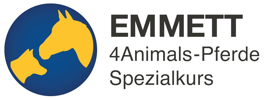 Logo mit Silhouetten von Pferd und Hund, Text: "EMMETT 4Animals-Pferde Spezialkurs".