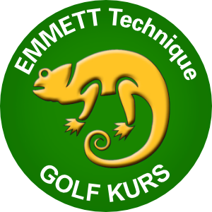 Ein gelbes Chamäleon auf grünem Hintergrund mit Text: "EMMETT Technik GOLF KURS".