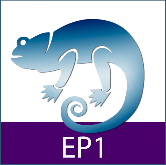 Ein blauer Chamäleon-Umriss mit Text "EP1" darunter.