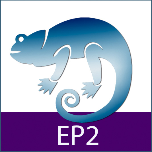 Ein blaues Chamäleon-Symbol mit der Beschriftung "EP2".