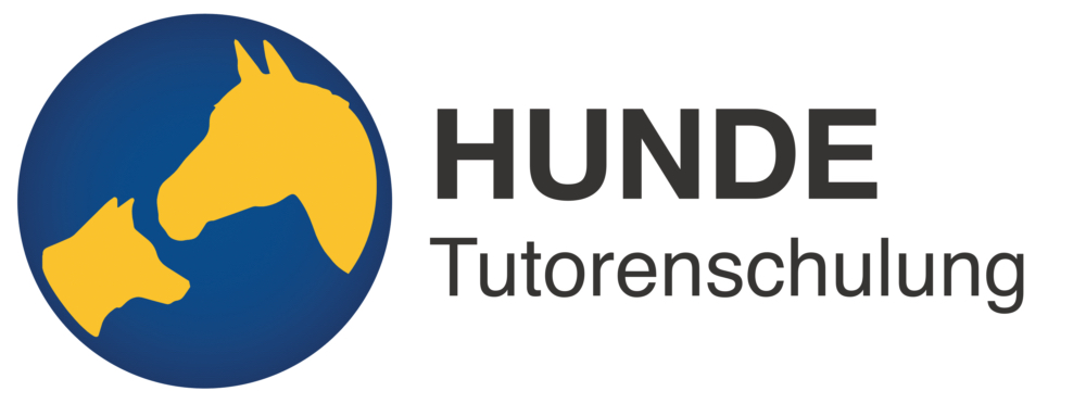 Ein Logo mit gelbem Hund und Pferd auf blauem Kreis, daneben der Text "HUNDE Tutorenschulung".