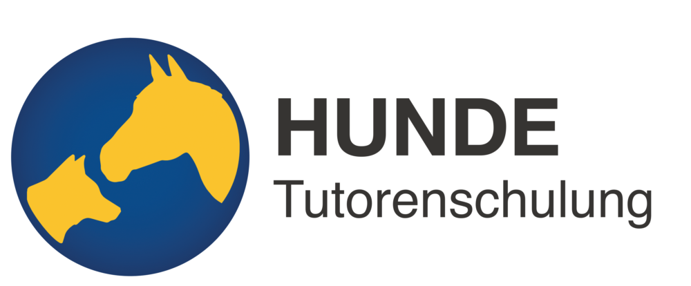 Ein blau-gelbes Logo mit Hund und Pferd, daneben steht "HUNDE Tutorenschulung".