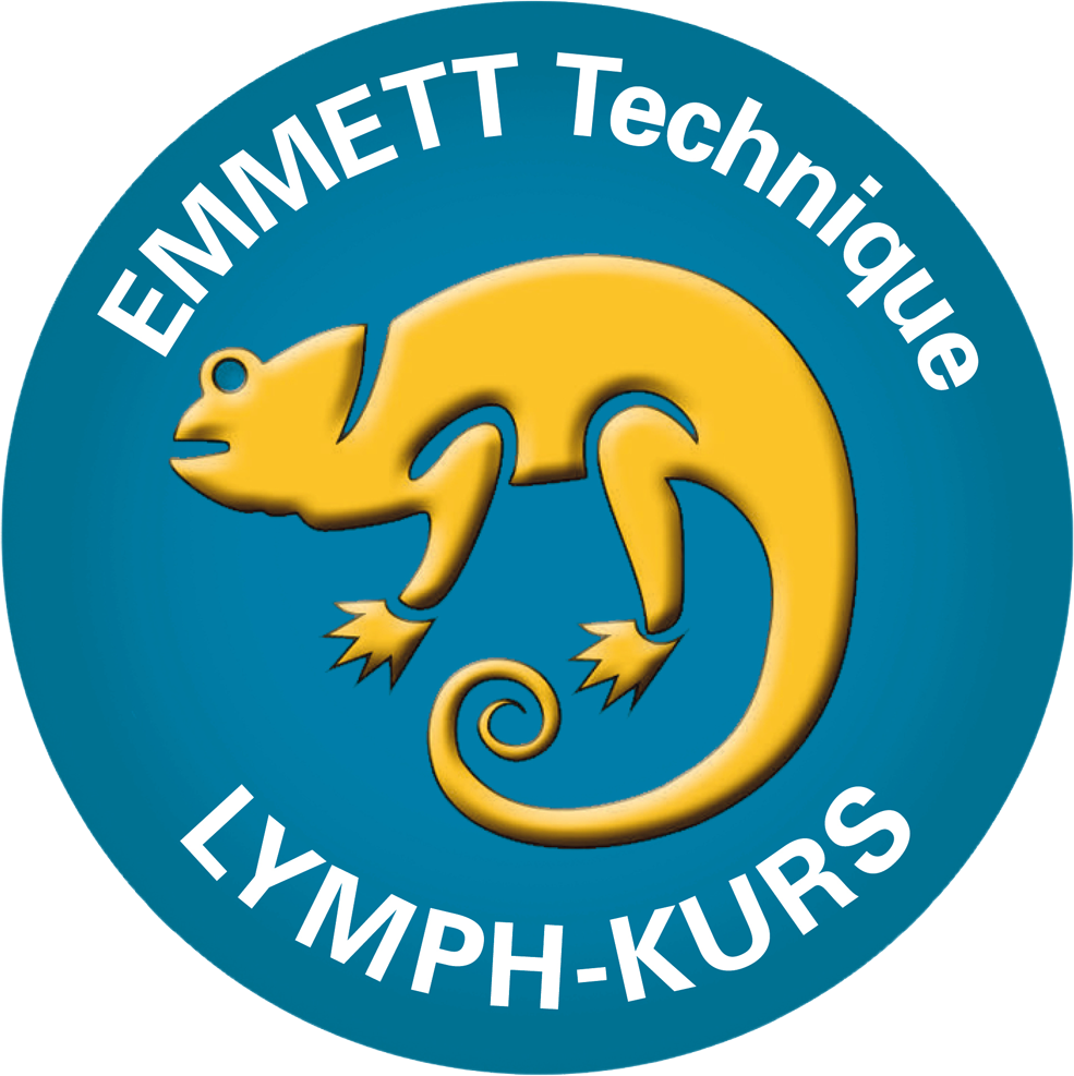 . Logo der EMMETT-Technik mit gelbem Tier auf blauem Hintergrund, Text: "LYMPH-KURS".