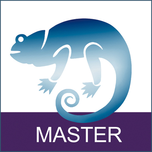 Ein blaues Chamäleon auf weißem Hintergrund, darunter steht "MASTER" auf einem lila Streifen.