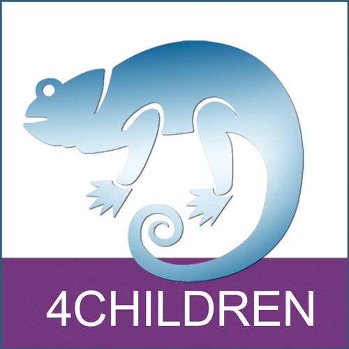Ein blaues Chamäleon-Symbol über einem lila Balken mit dem Text "4CHILDREN".