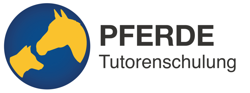 Ein blaues Logo mit gelben Tierumrissen und der Aufschrift "PFERDE Tutorenschulung".