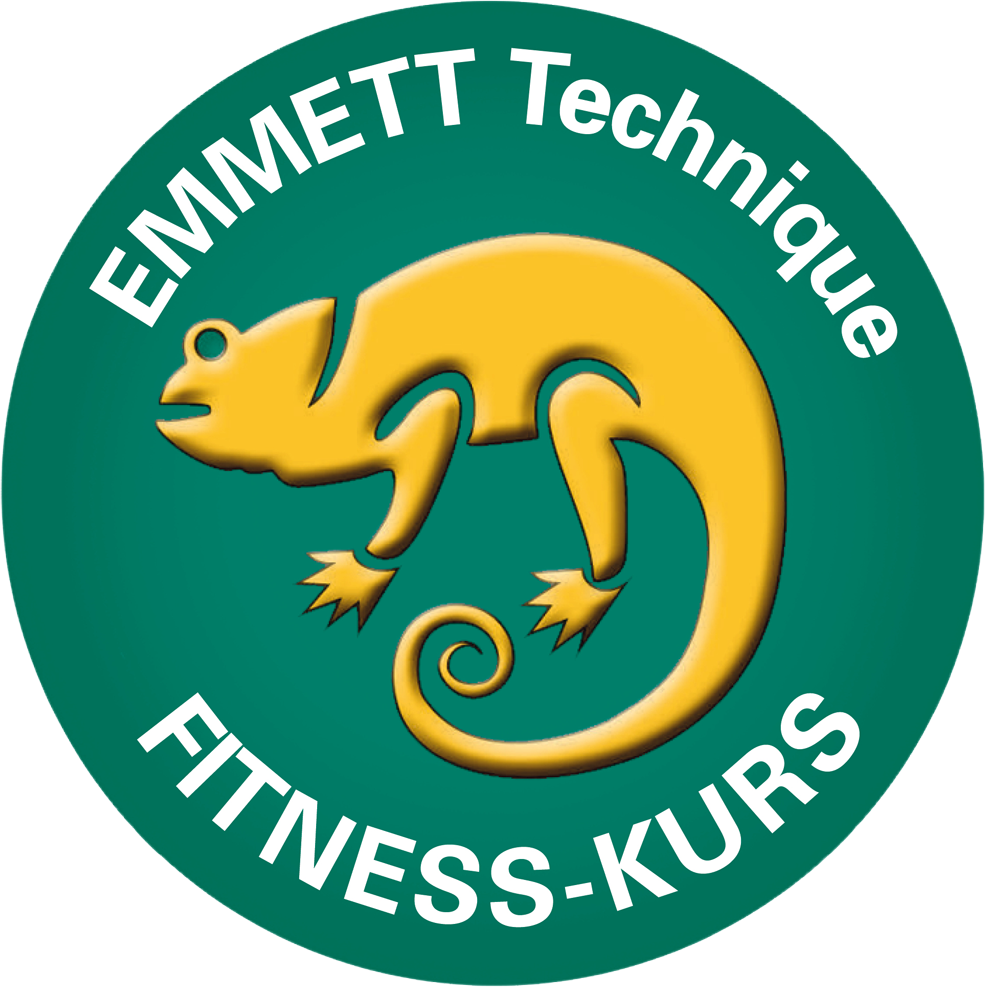 . Ein grünes Logo mit gelbem Gecko und Text "EMMETT Technique FITNESS-KURS".