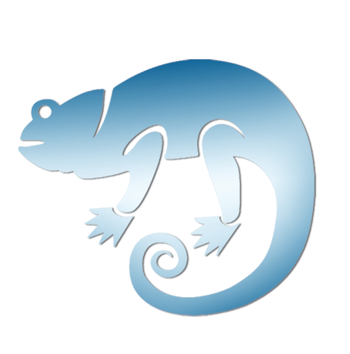 Ein blaues Chamäleon-Logo mit spiralförmigem Schwanz.