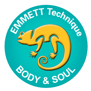 Ein gelbes Chamäleon mit den Worten "EMMETT Technique BODY & SOUL" auf einem türkisen Hintergrund.